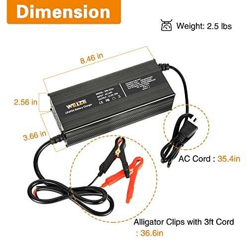 Lithium battery charger with dimensions and cord lengths