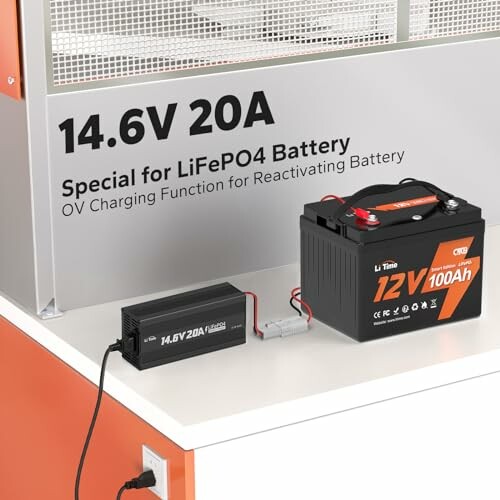 LiFePO4 battery and charger on a table with specifications displayed.