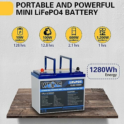 Portable and powerful mini LiFePO4 battery with energy usage details.