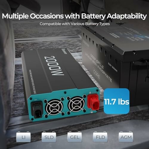 2000W power inverter compatible with various battery types