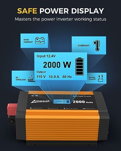 Power inverter display showing input and output details with alerts for over current, overheating, DC overload, and reverse polarity.