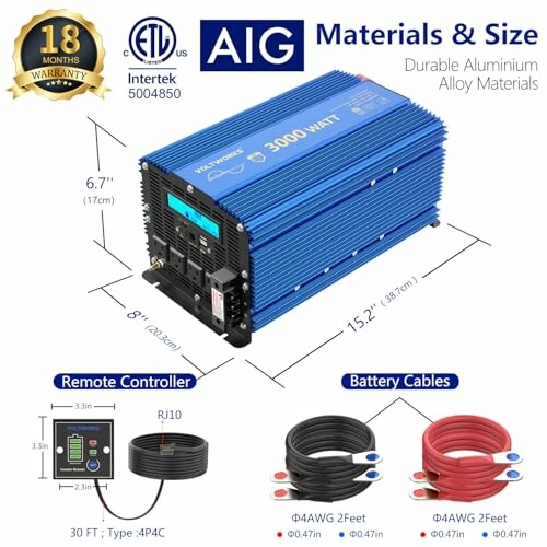 Power inverter with specifications including size, materials, warranty, remote controller, and battery cables.