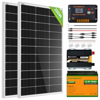 Solar panel kit with two panels, power controller, inverter, and battery.